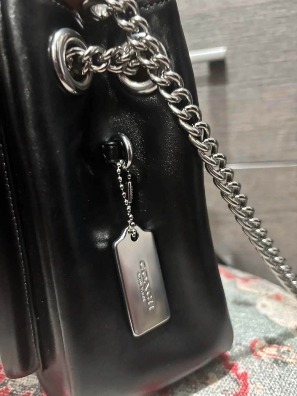 NWT Coach Black Leather Crossbody with Silver Chain Strap